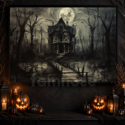 Moonlit Manor, Dark House Canvas Painting, Spooky Season Wall Art Decor, Halloween Poster Gift For House Lovers