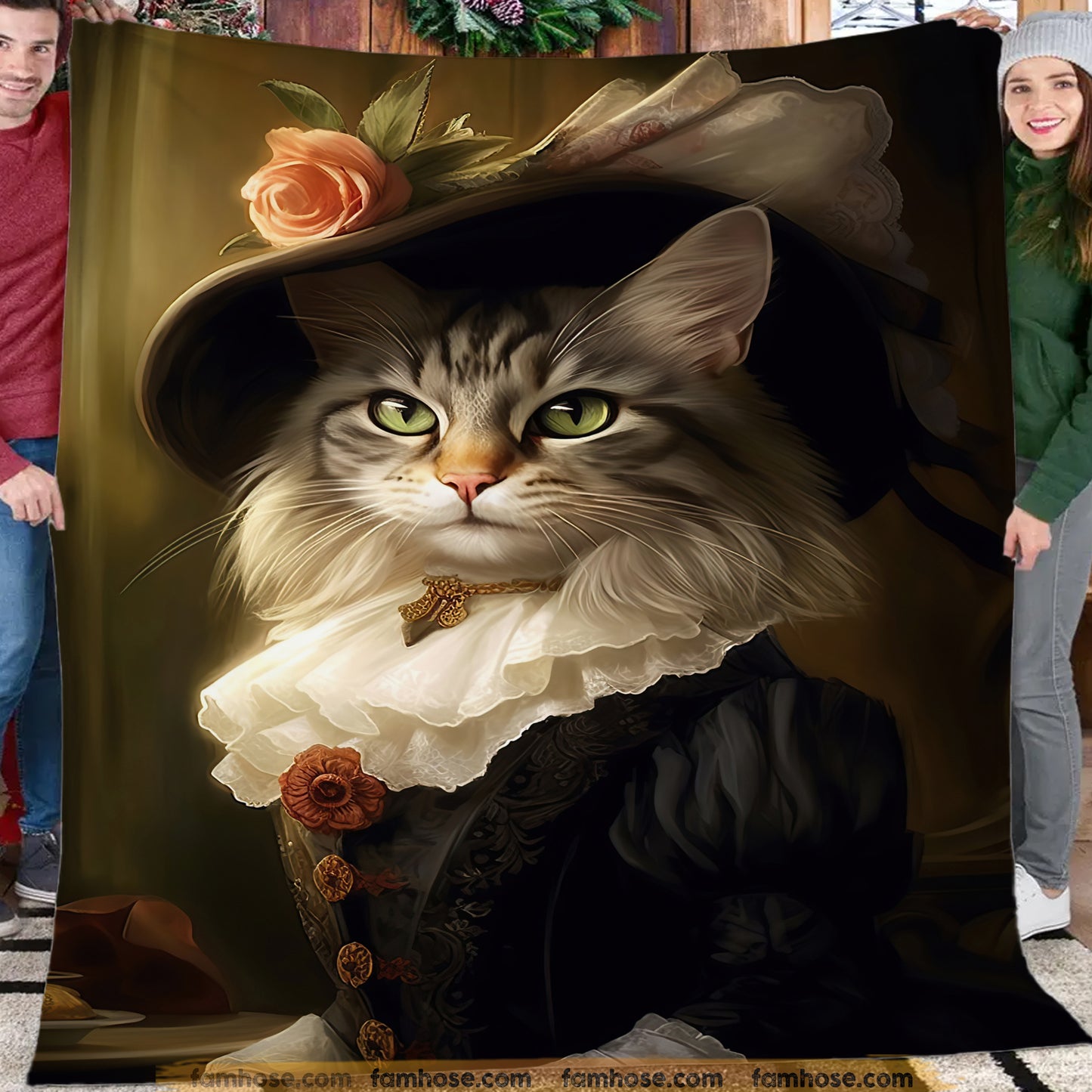 Victorian Cat Fleece Blanket - Victorian Feline Majesty Sherpa Blanket, Woven Blanket Gift For Cat Lovers, Victorian Animal Lovers