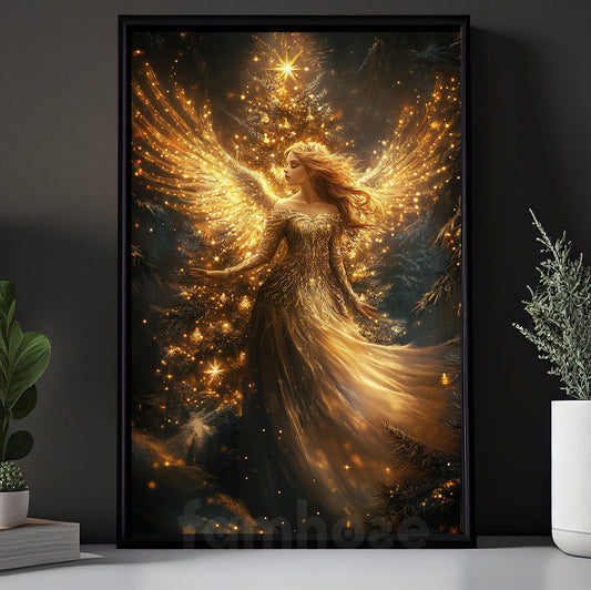 Christmas Angel Canvas Painting, Angelic Guardian In Front Of Pine Tree Winter Wall Art Decor, Xmas Poster Gift For Angel Lovers