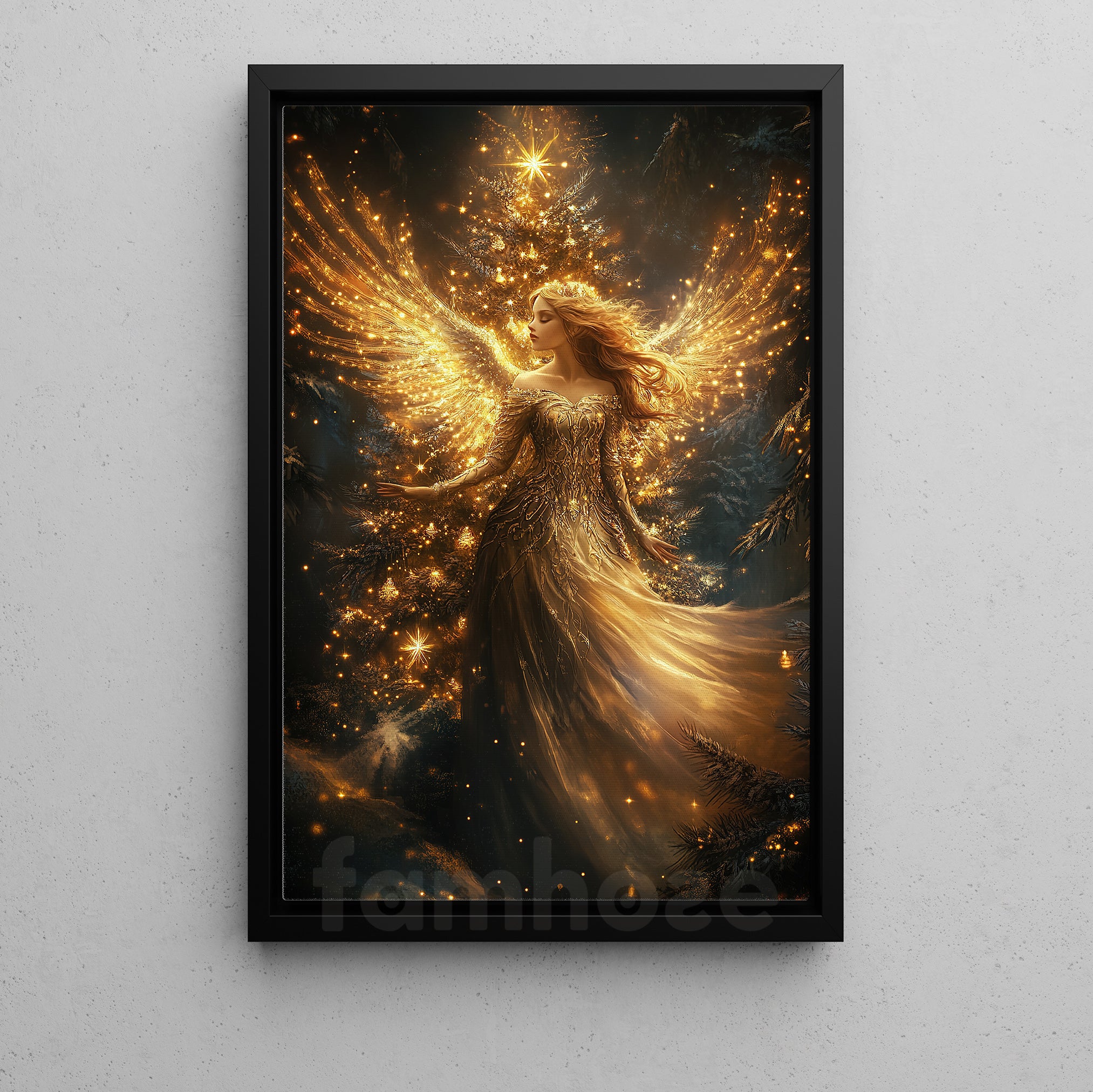 Christmas Angel Canvas Painting, Angelic Guardian In Front Of Pine