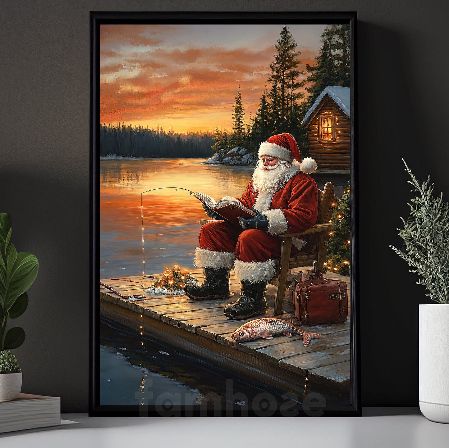 Christmas Fishing Canvas Painting, Santa Claus Fishing At Dawn Wall Art Decor, Xmas Poster Gift For Fishing Lovers