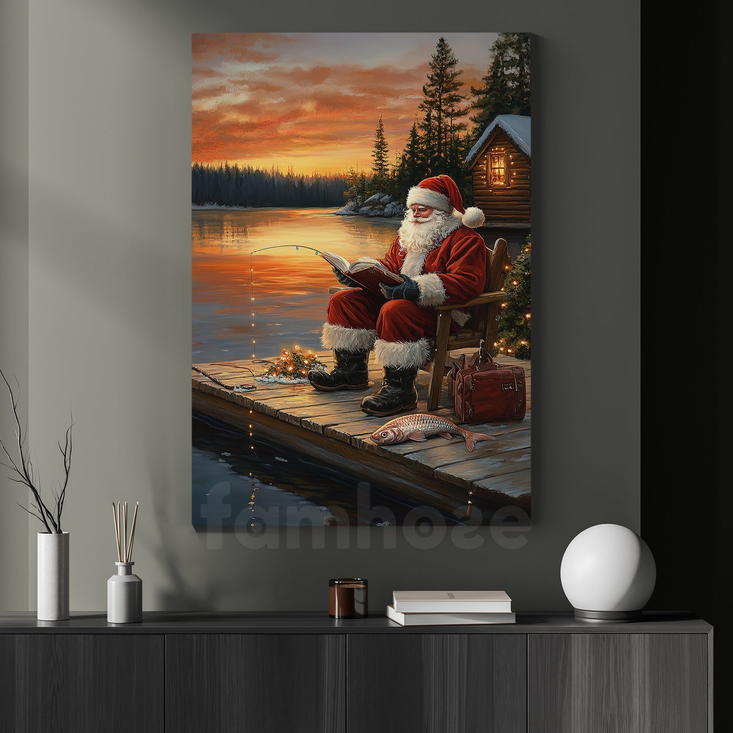 Christmas Fishing Canvas Painting, Santa Claus Fishing At Dawn Wall Art Decor, Xmas Poster Gift For Fishing Lovers