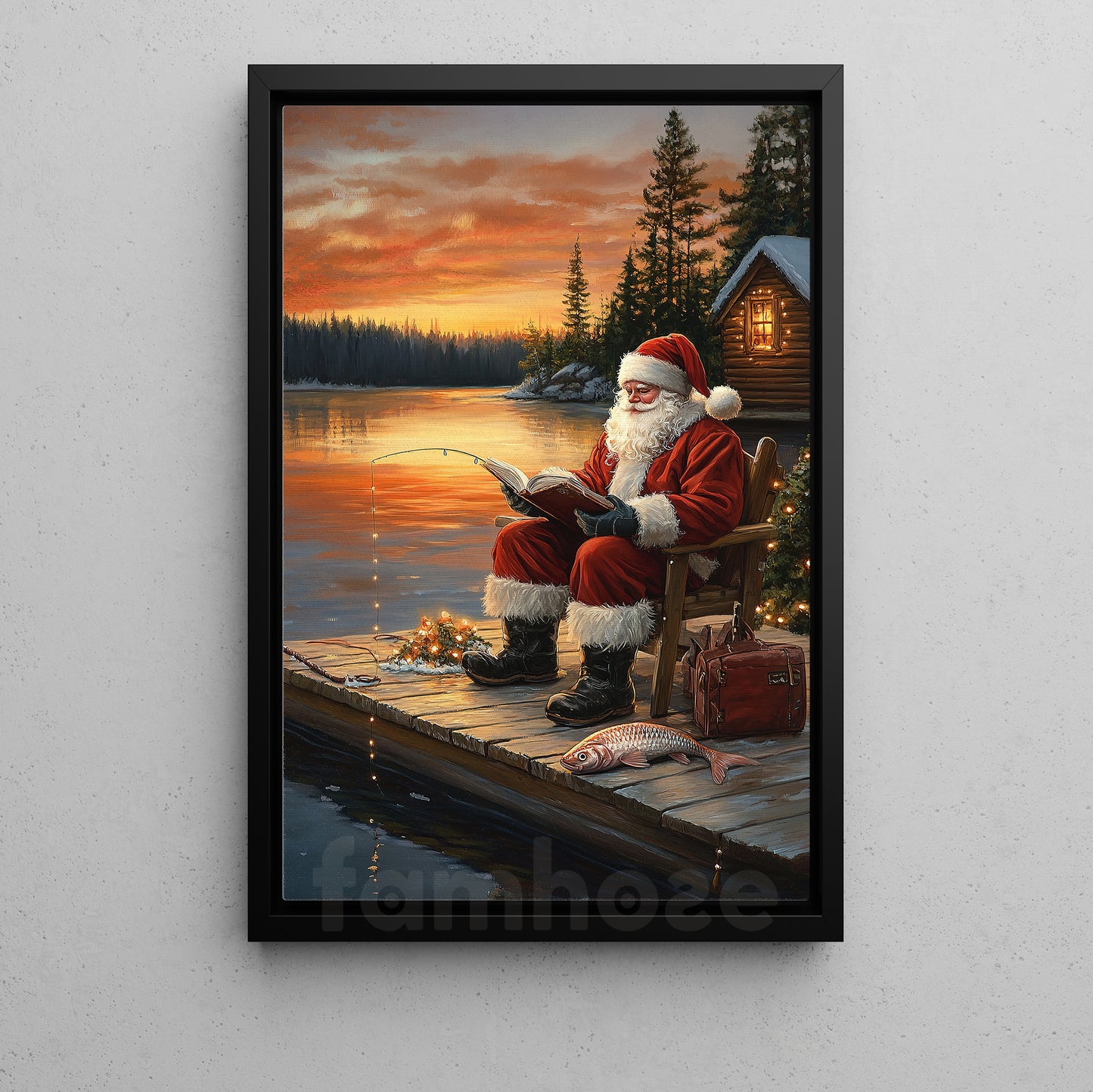 Christmas Fishing Canvas Painting, Santa Claus Fishing At Dawn Wall Art Decor, Xmas Poster Gift For Fishing Lovers