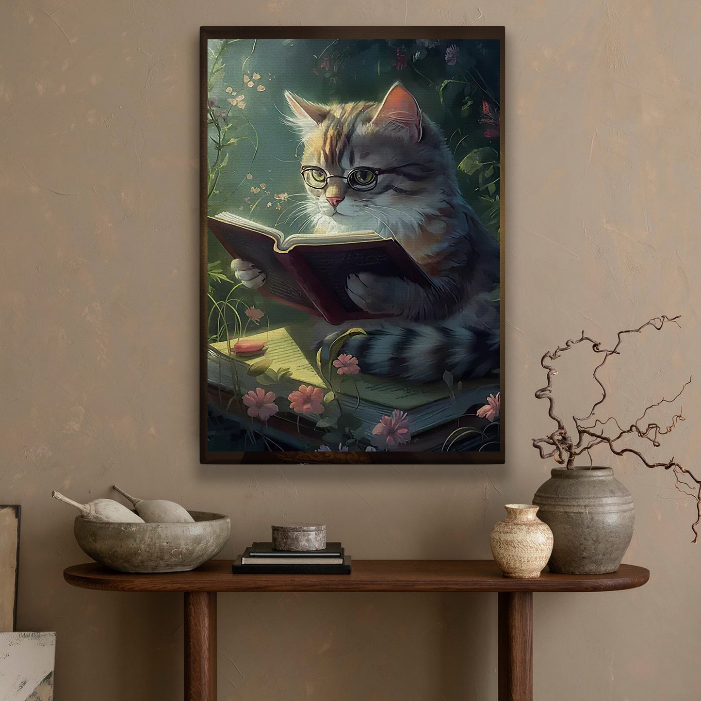 Cat Read Book In The Forest, Victorian Cat Canvas Painting, Wall Art Decor - Poster Gift For Cat Lovers