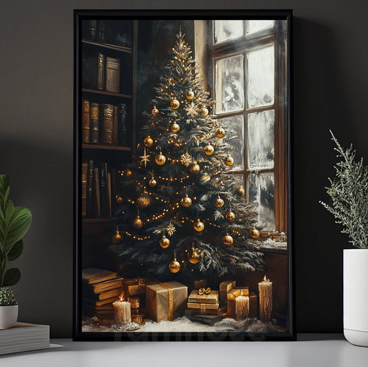 Vintage Christmas Canvas Painting, Golden Glow Of Christmas And Gift Under Winter Wall Art Decor, Xmas Poster Gift For Pine Tree Lovers