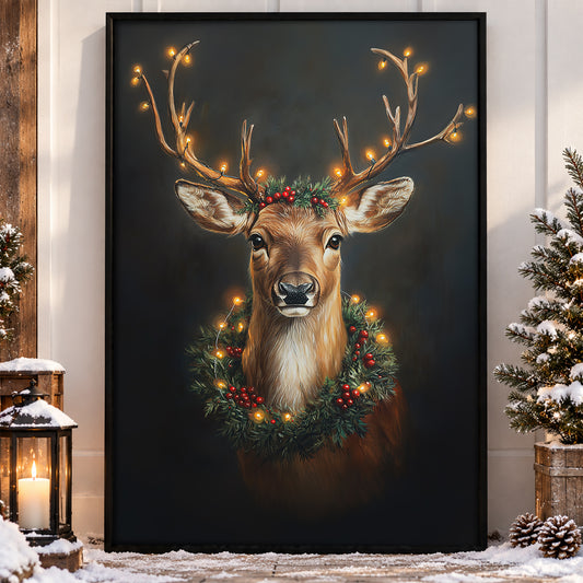 Christmas Reindeer Canvas Painting, Enchanted Deer Wall Art Decor, Xmas Poster Gift For Reindeer Lovers