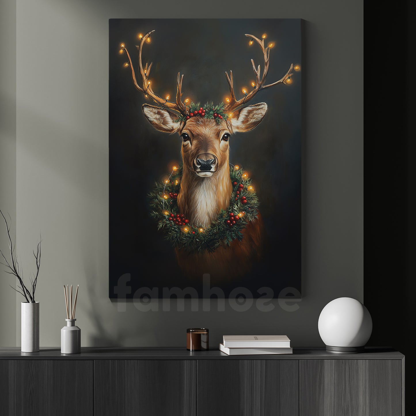 Christmas Reindeer Canvas Painting, Enchanted Deer Wall Art Decor, Xmas Poster Gift For Reindeer Lovers