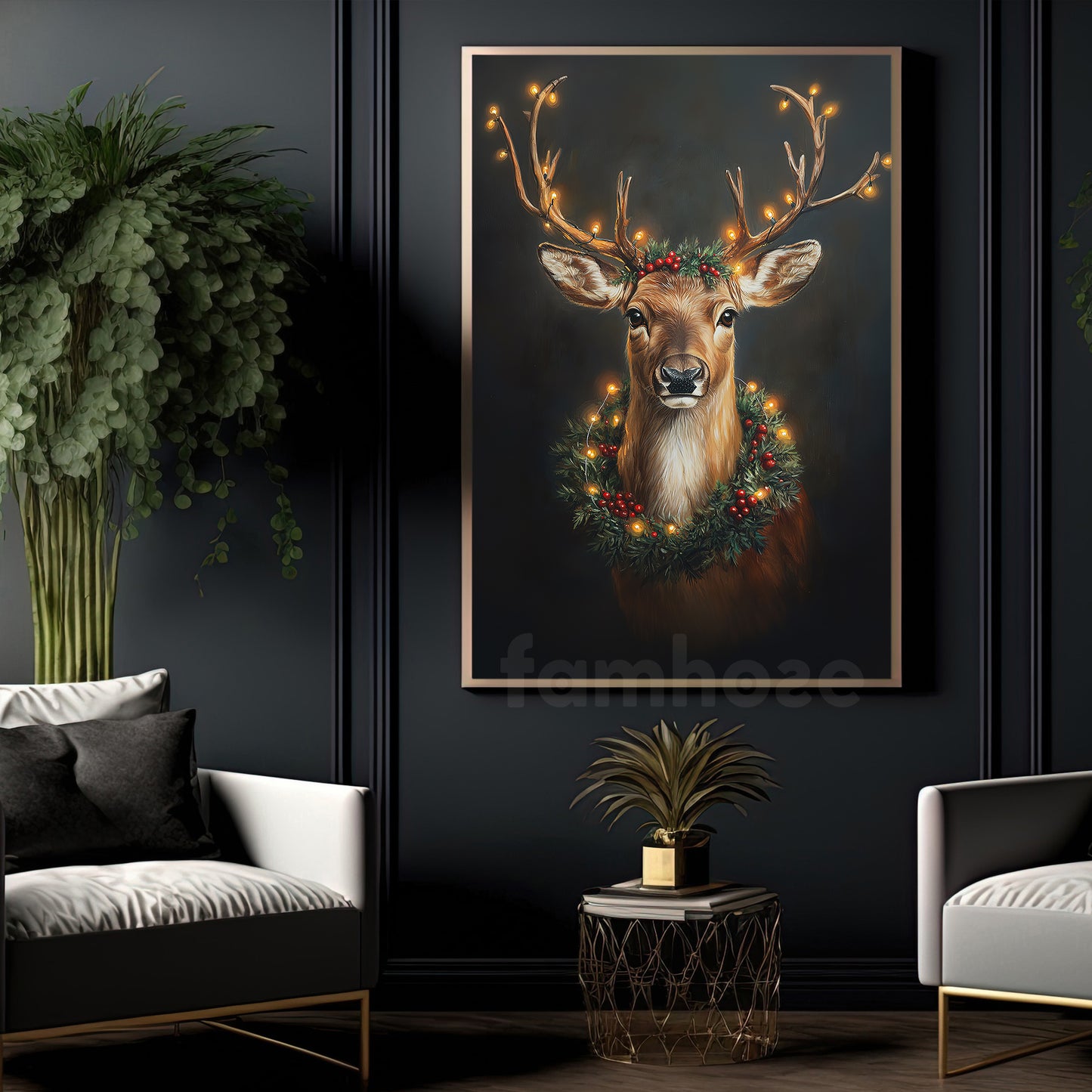 Christmas Reindeer Canvas Painting, Enchanted Deer Wall Art Decor, Xmas Poster Gift For Reindeer Lovers