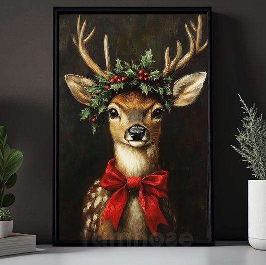 Cute Christmas Canvas Painting, The Fawn Has A Laurel Wreath On Its Head Wall Art Decor, Xmas Poster Gift For Fawn Lovers