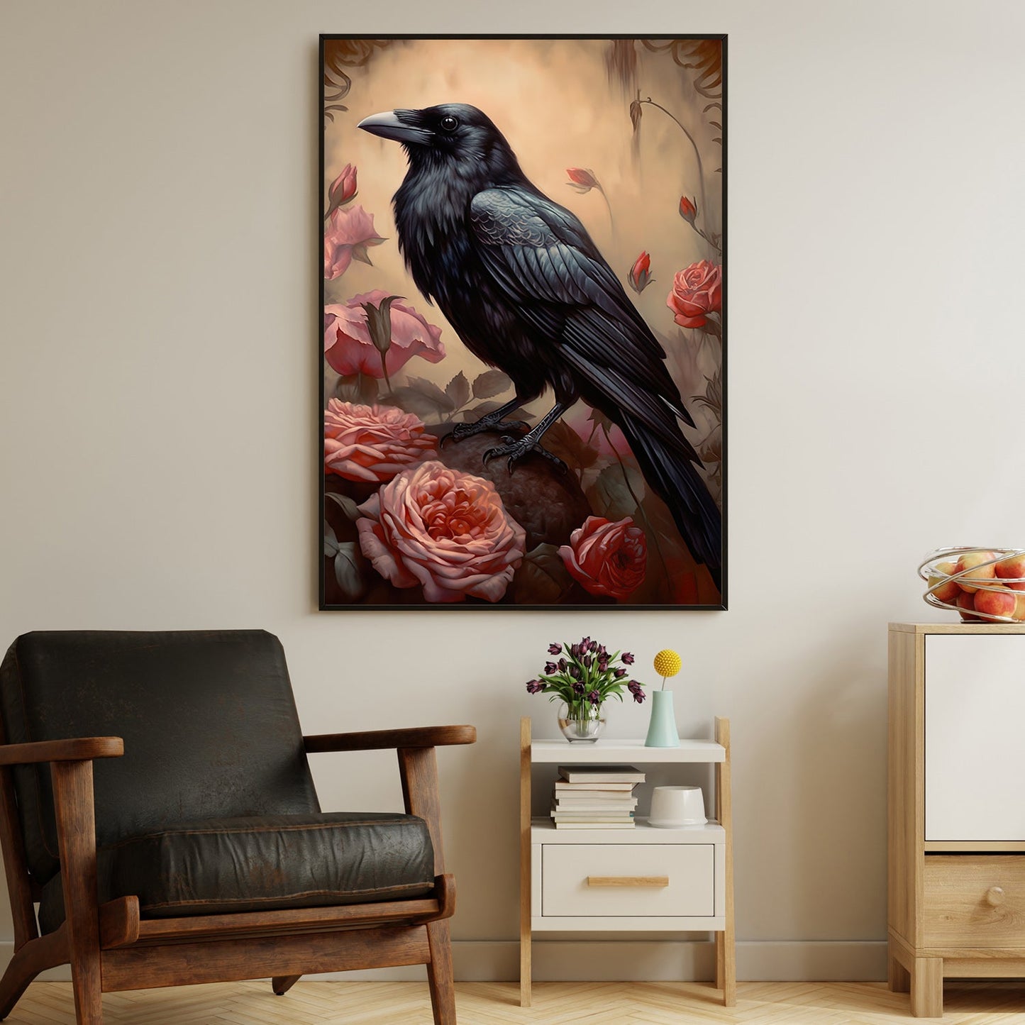 The Raven's Rose Garden, Black Raven Canvas Painting, Wall Art Decor - Poster Gift For Raven Lovers