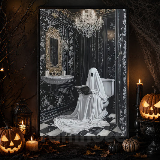 A Ghostly Reading Room, Ghost Canvas Painting, Spooky Season Wall Art Decor, Halloween Poster Gift For Ghost Lovers