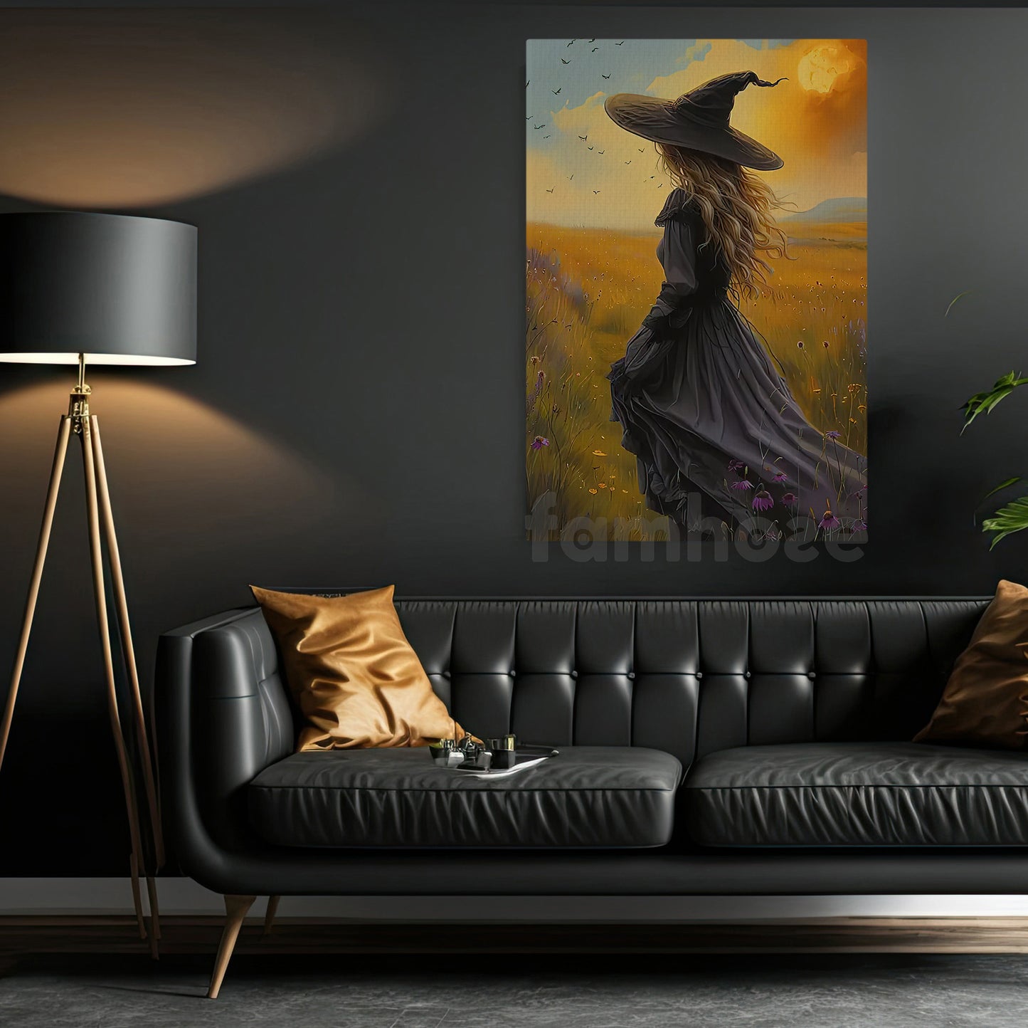 Halloween Witch Canvas Painting, Golden Field Witch Wall Art Decor Spooky Season Poster Gift For Witch Lovers