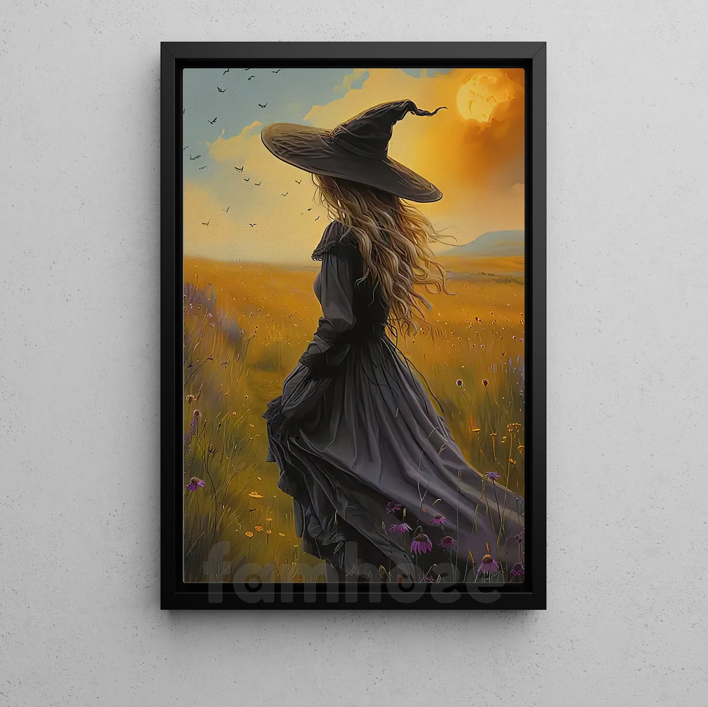 Halloween Witch Canvas Painting, Golden Field Witch Wall Art Decor Spooky Season Poster Gift For Witch Lovers