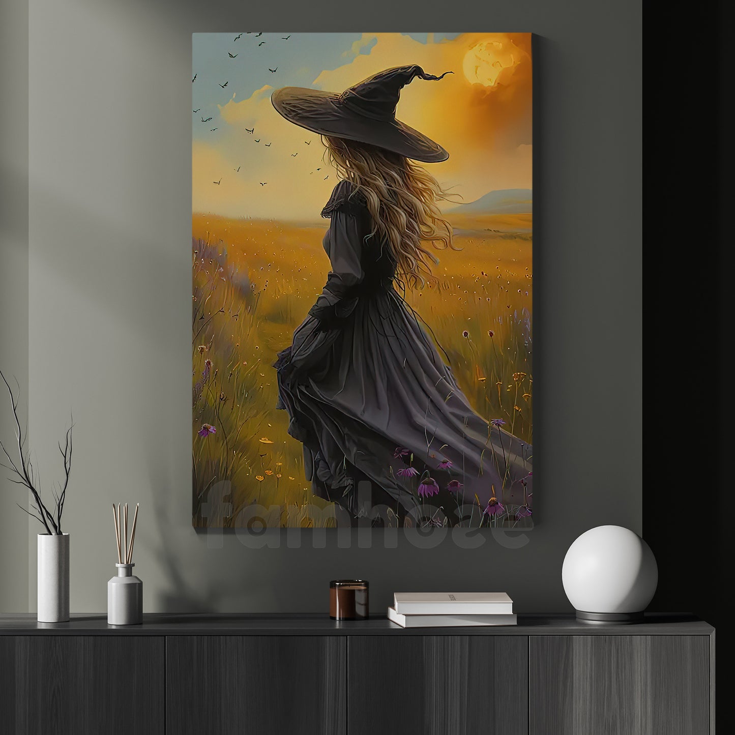 Halloween Witch Canvas Painting, Golden Field Witch Wall Art Decor Spooky Season Poster Gift For Witch Lovers
