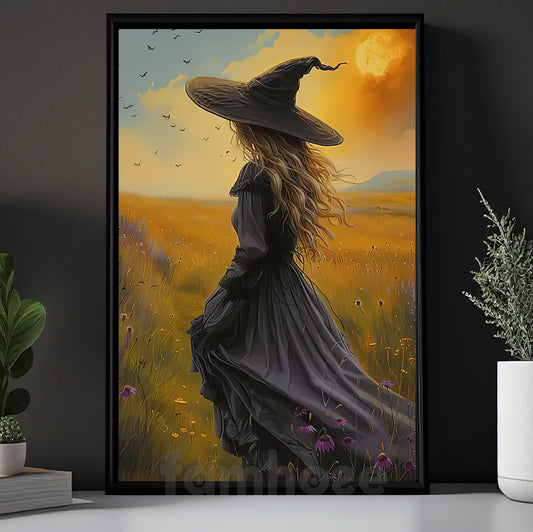 Halloween Witch Canvas Painting, Golden Field Witch Wall Art Decor Spooky Season Poster Gift For Witch Lovers