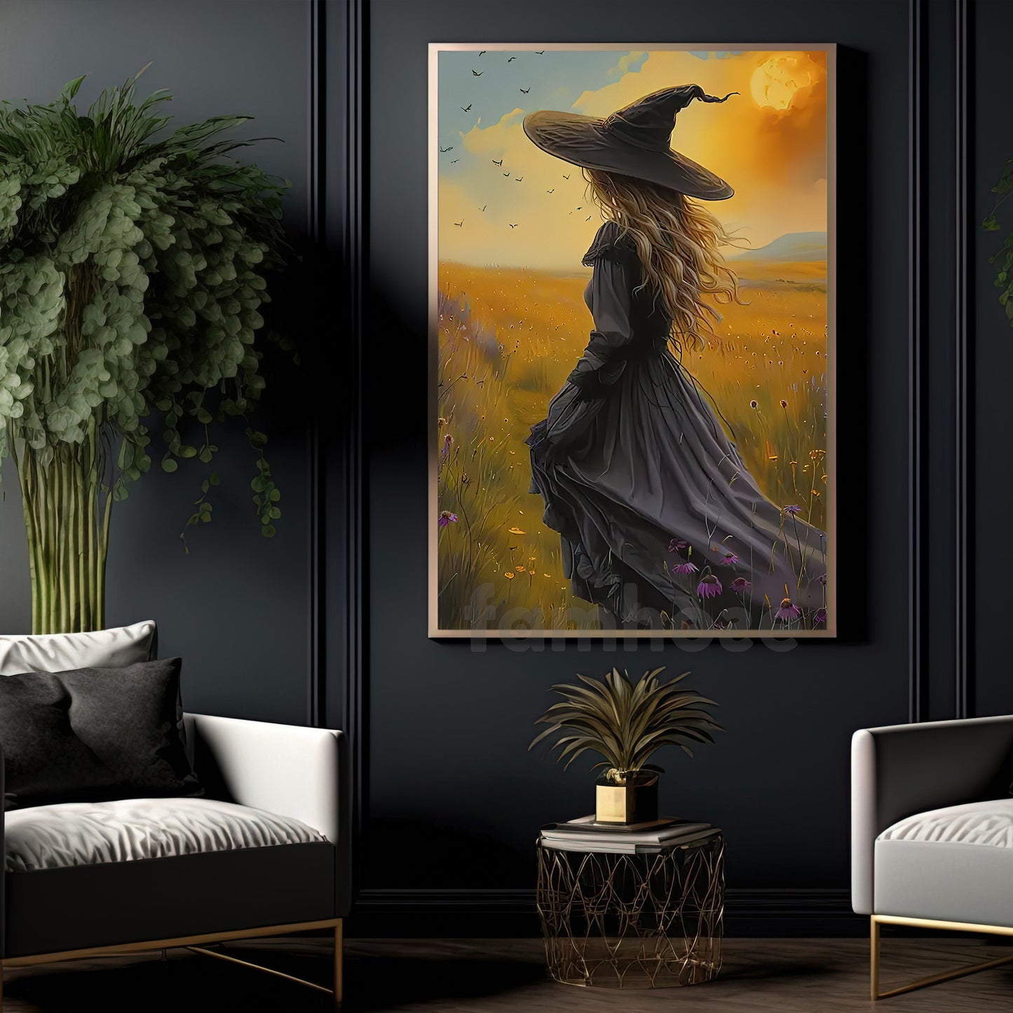 Halloween Witch Canvas Painting, Golden Field Witch Wall Art Decor Spooky Season Poster Gift For Witch Lovers