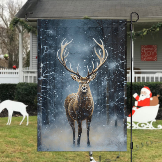 Mature Reindeer In The Winter Forest, Reindeer Xmas Garden Flag & House Flag, Christmas Flag Gift For Reindeer Lovers