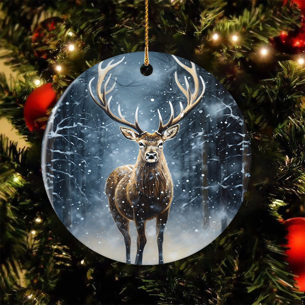 Moonlit Winter's Stag, Deer Circle Ceramic Ornament Christmas Gift