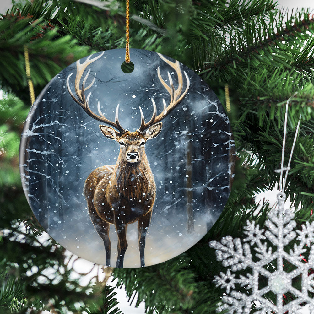 Moonlit Winter's Stag, Deer Circle Ceramic Ornament Christmas Gift