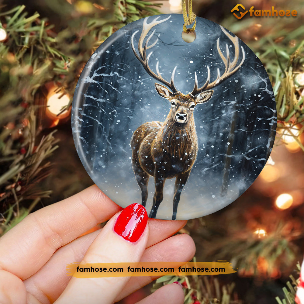Moonlit Winter's Stag, Deer Circle Ceramic Ornament Christmas Gift