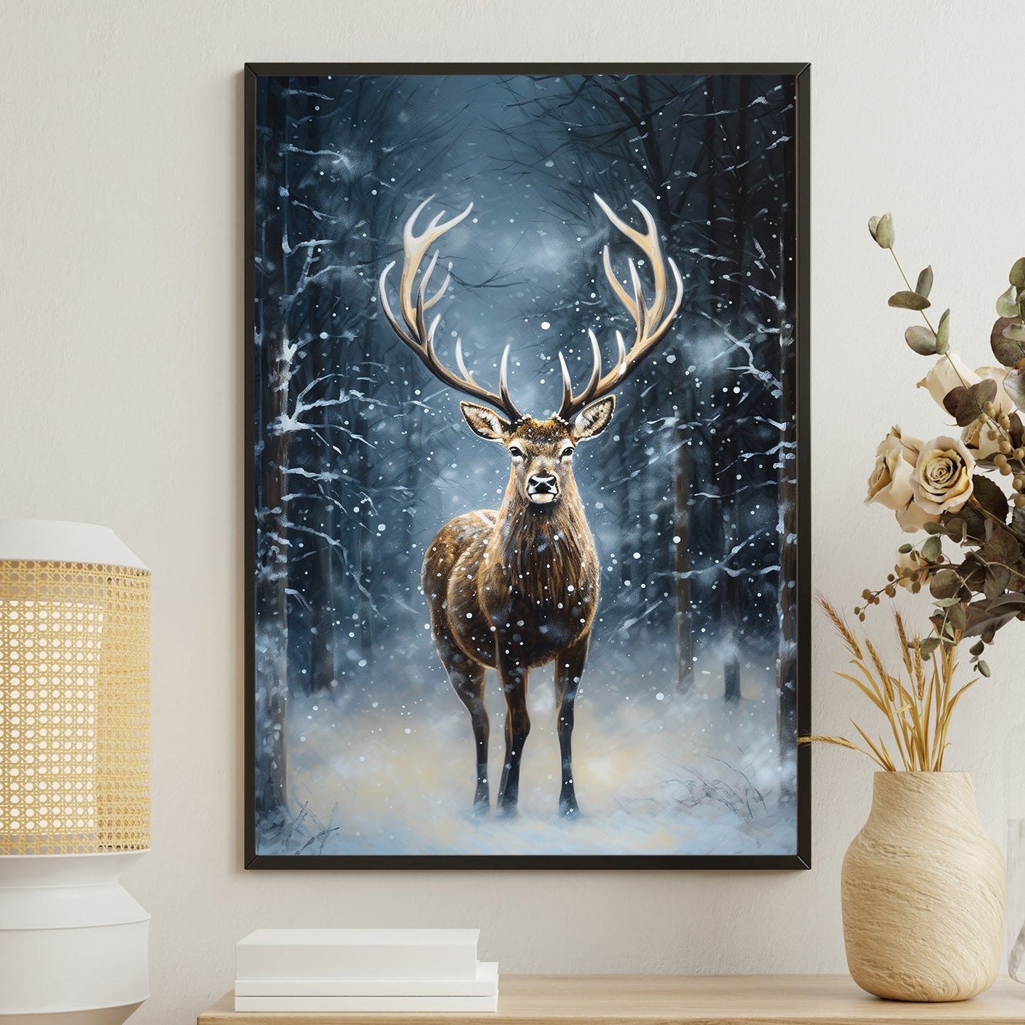 Regal Deer Amidst the Snowfall A Winter's Majesty, Christmas Canvas Painting, Xmas Wall Art Decor - Christmas Poster Gift Deer Lovers