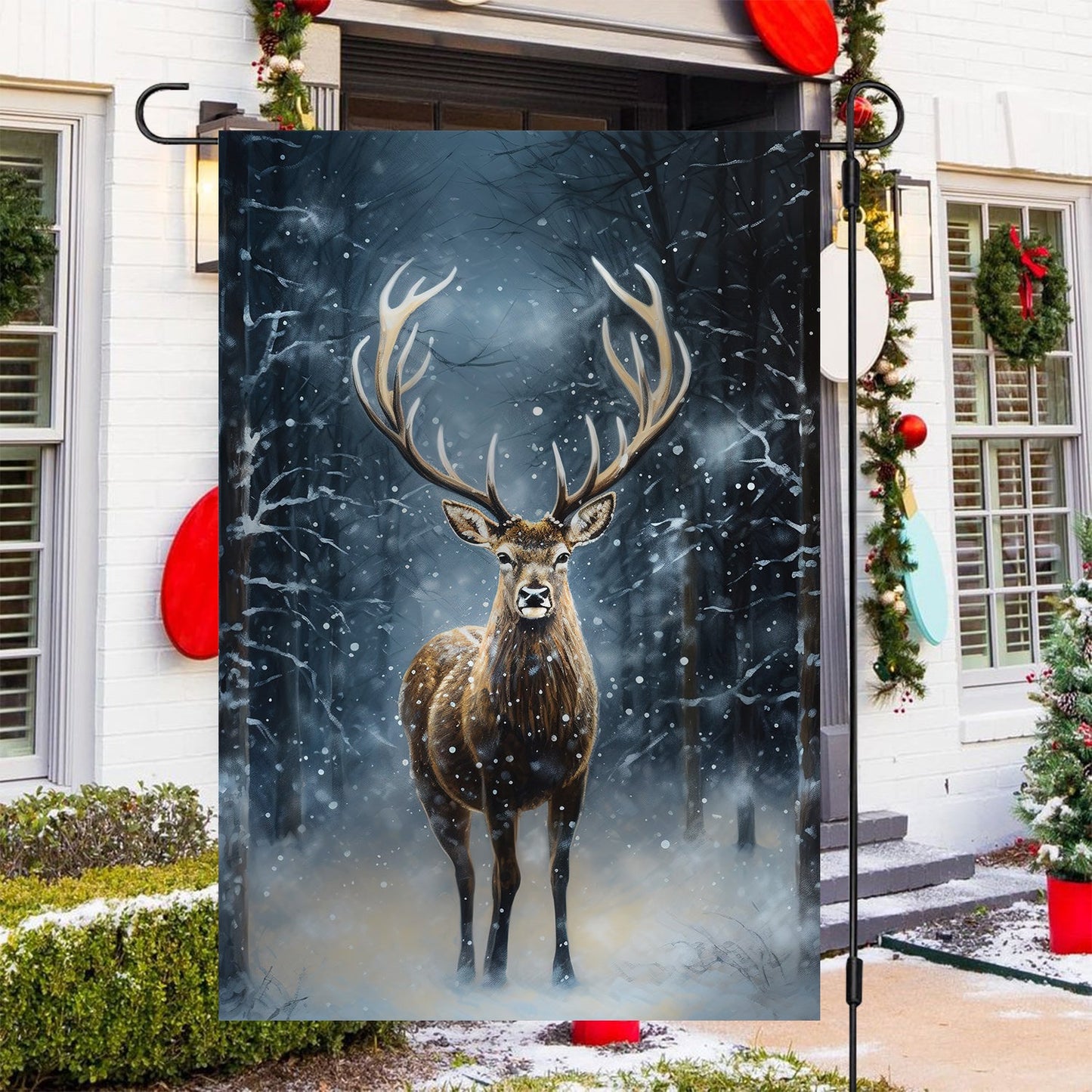 Mature Reindeer In The Winter Forest, Reindeer Xmas Garden Flag & House Flag, Christmas Flag Gift For Reindeer Lovers