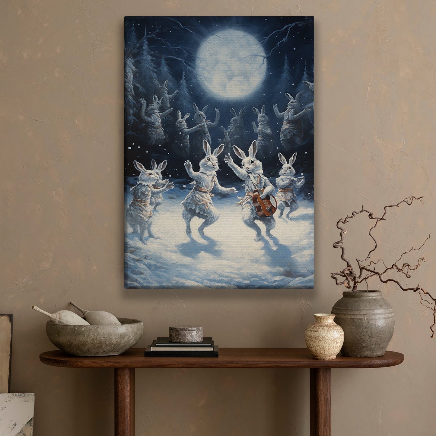 Midnight Serenade The Moonlit Rabbit Ensemble, Christmas Canvas Painting, Xmas Wall Art Decor - Christmas Poster Gift Rabbit Lovers