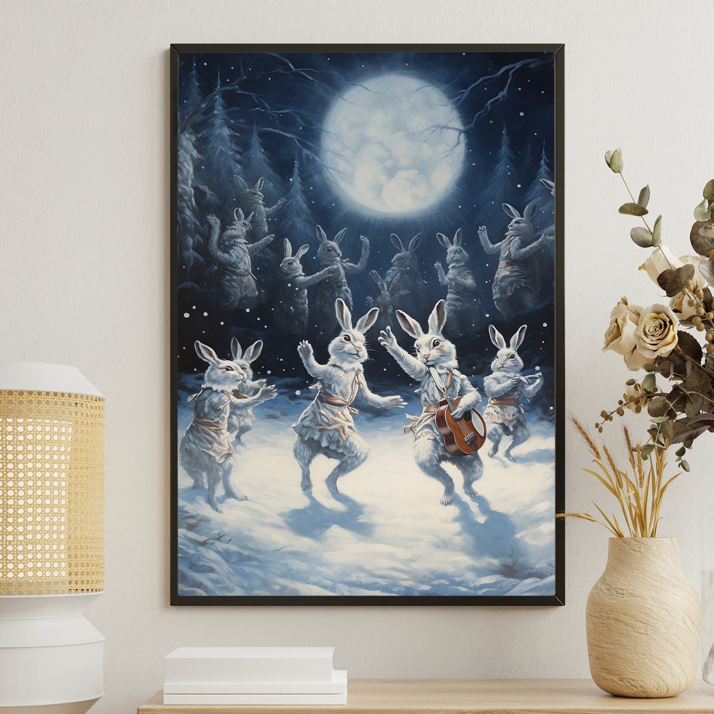 Midnight Serenade The Moonlit Rabbit Ensemble, Christmas Canvas Painting, Xmas Wall Art Decor - Christmas Poster Gift Rabbit Lovers