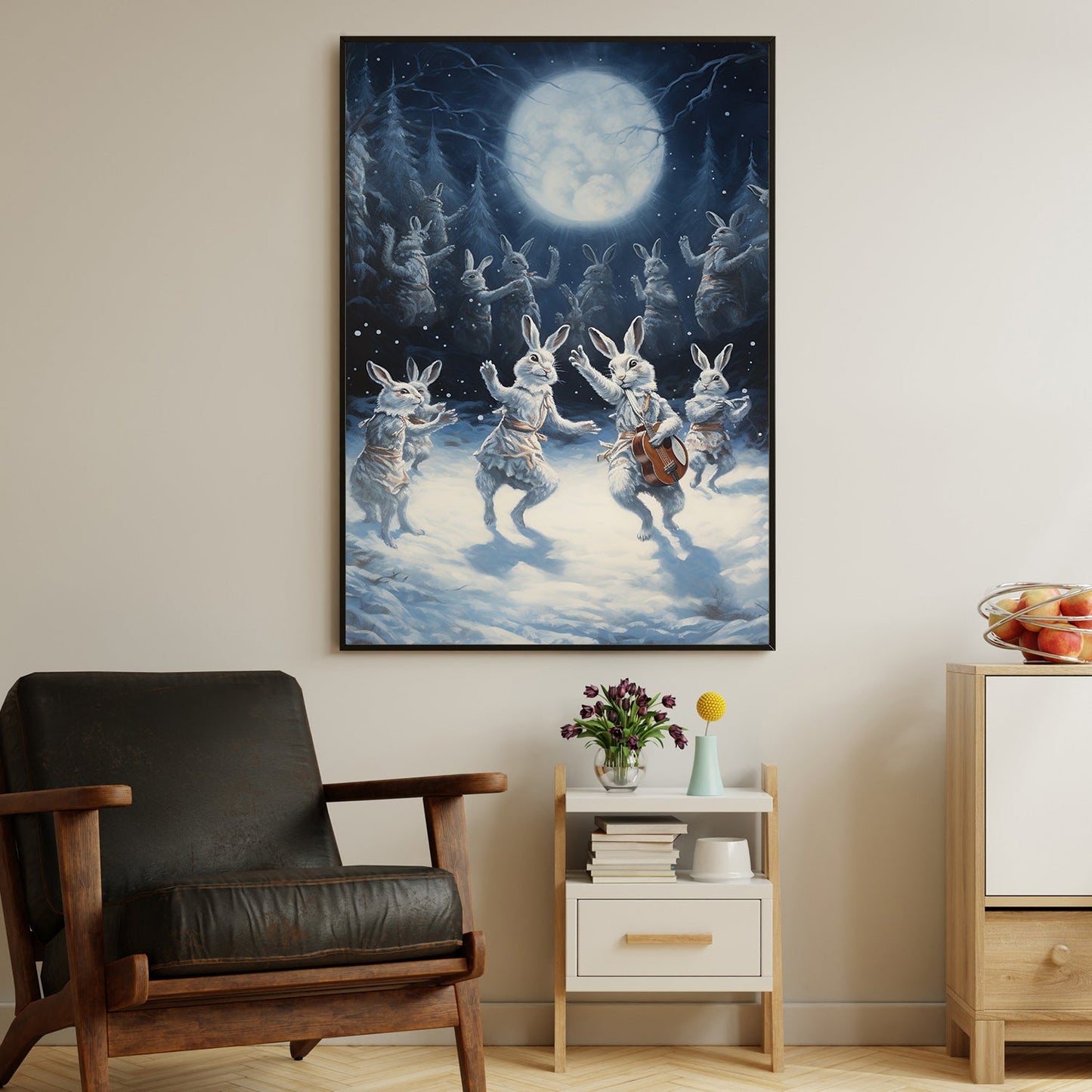 Midnight Serenade The Moonlit Rabbit Ensemble, Christmas Canvas Painting, Xmas Wall Art Decor - Christmas Poster Gift Rabbit Lovers