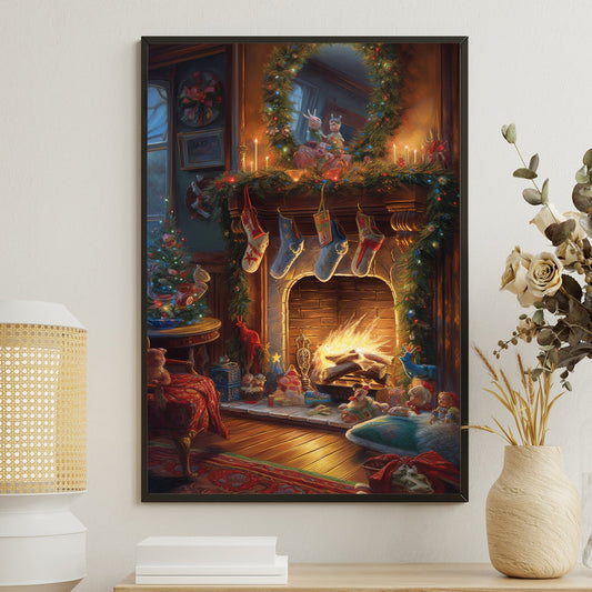 Enchanted Christmas Eve Whimsy by the Fireplace, Christmas Canvas Painting, Xmas Wall Art Decor - Christmas Poster Gift