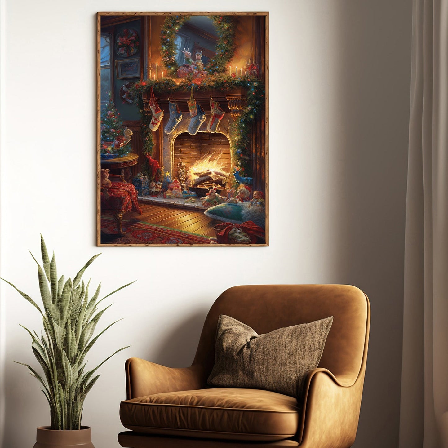 Enchanted Christmas Eve Whimsy by the Fireplace, Christmas Canvas Painting, Xmas Wall Art Decor - Christmas Poster Gift