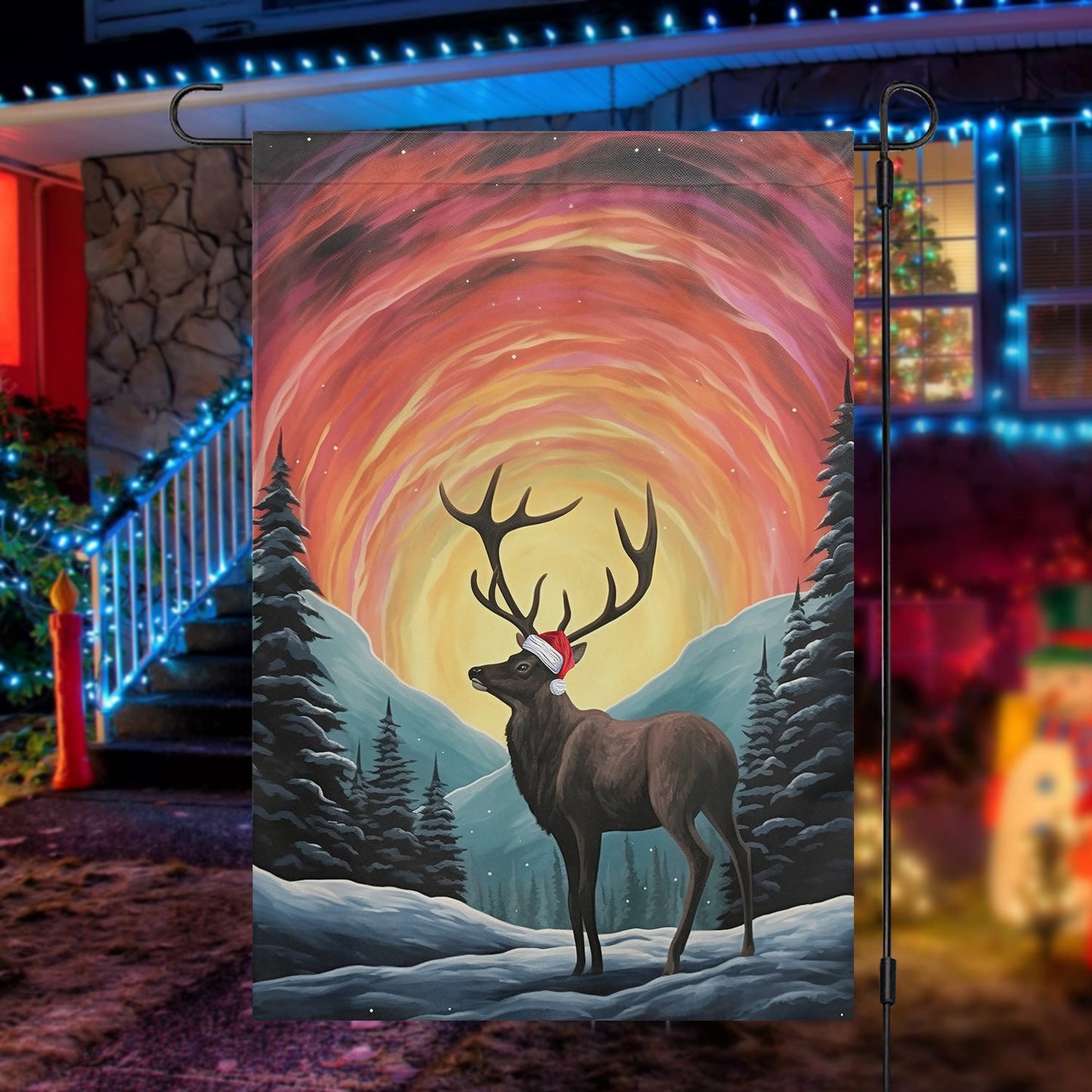 Radiant Night's Guardian, Reindeer Xmas Garden Flag & House Flag, Christmas Flag Gift For Reindeer Lovers