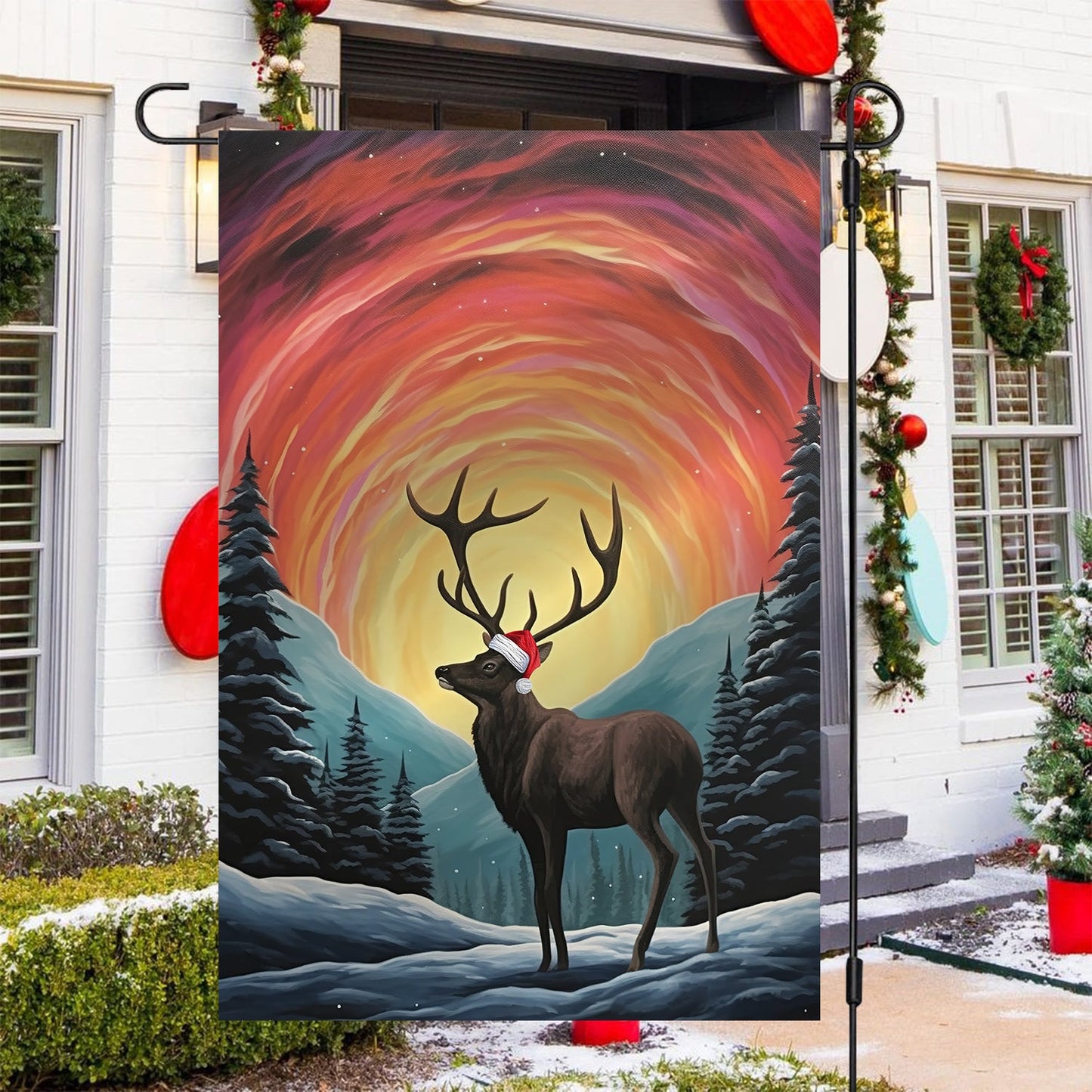 Radiant Night's Guardian, Reindeer Xmas Garden Flag & House Flag, Christmas Flag Gift For Reindeer Lovers