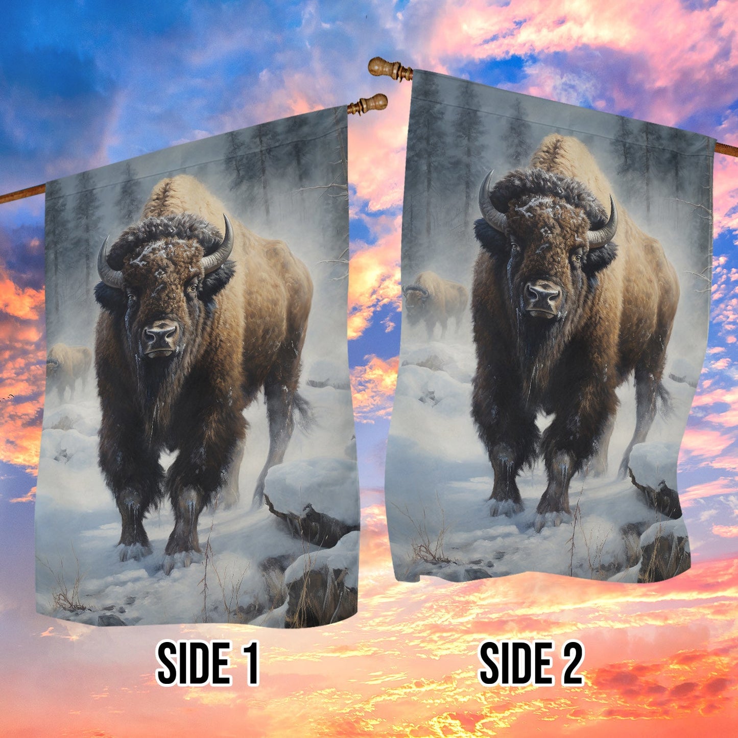 Cool Highland Cow In The Winter Forest, Highland Cow Xmas Garden Flag & House Flag, Christmas Flag Gift For Highland Cow Lovers