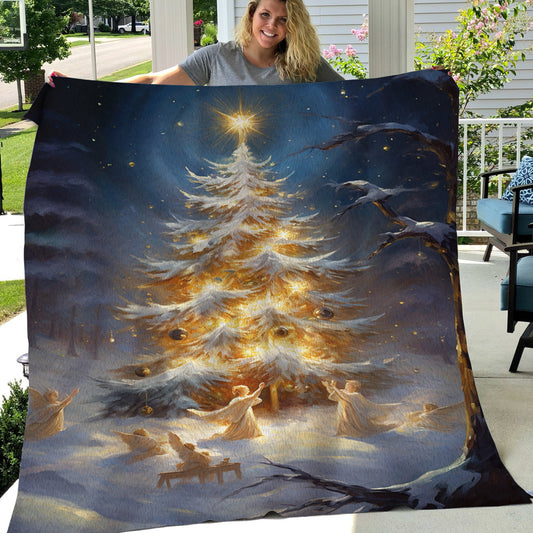 Angels Around Christmas Tree, Angel Xmas Fleece Blanket & Sherpa Blanket Gift