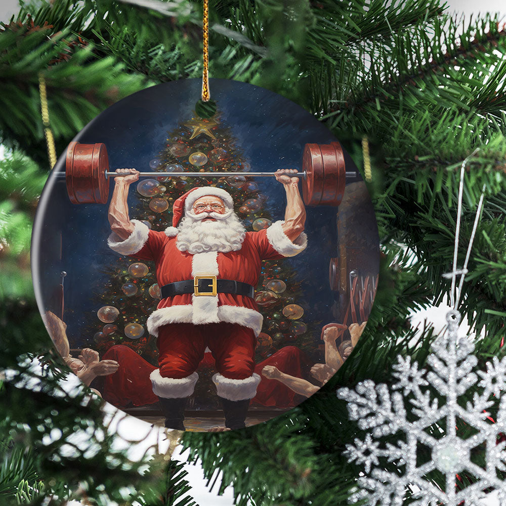 Santa's Festive Strength, Santa Claus Circle Ceramic Ornament Christmas Gift For Weightlifting Lovers