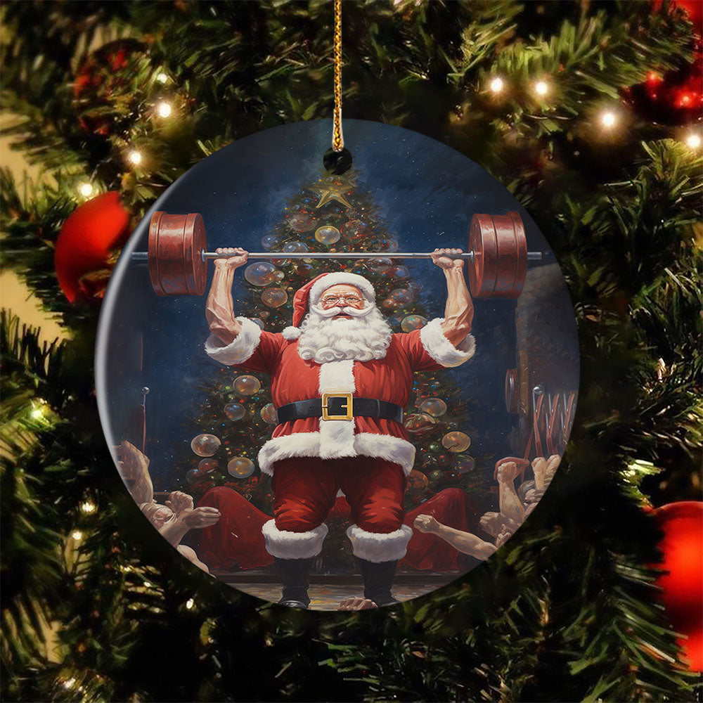 Santa's Festive Strength, Santa Claus Circle Ceramic Ornament Christmas Gift For Weightlifting Lovers