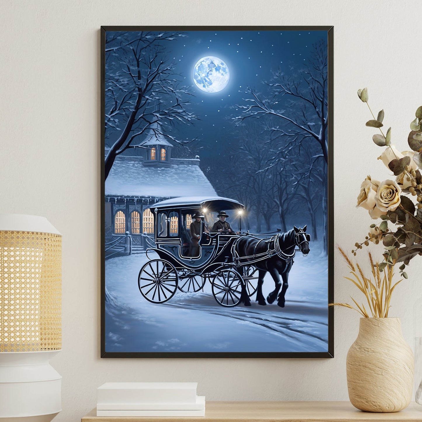 Moonlit Journey A Winter's Night Christmas Canvas Painting, Xmas Wall Art Decor - Christmas Poster Gift