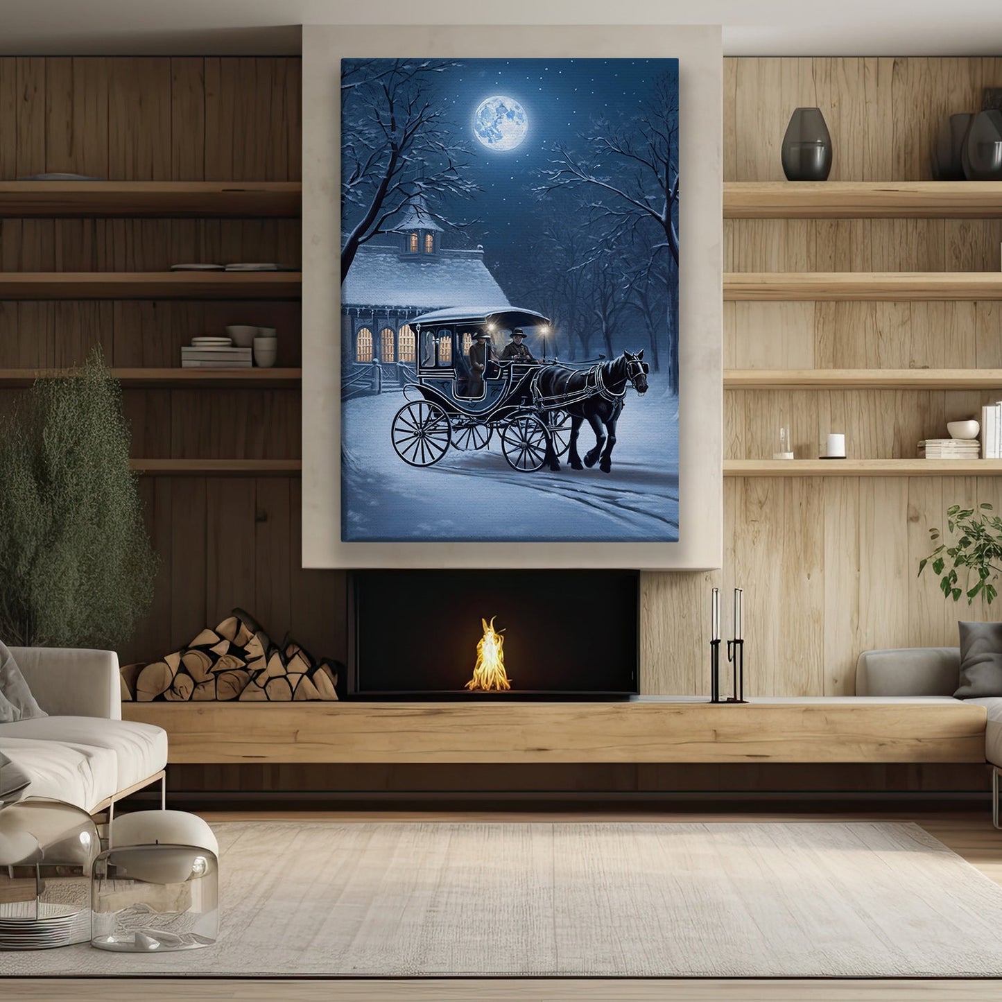 Moonlit Journey A Winter's Night Christmas Canvas Painting, Xmas Wall Art Decor - Christmas Poster Gift