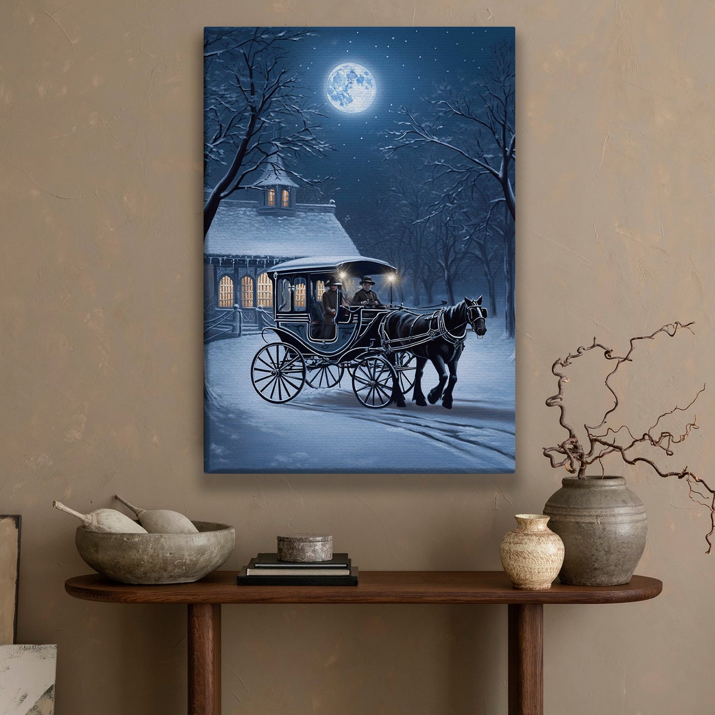 Moonlit Journey A Winter's Night Christmas Canvas Painting, Xmas Wall Art Decor - Christmas Poster Gift