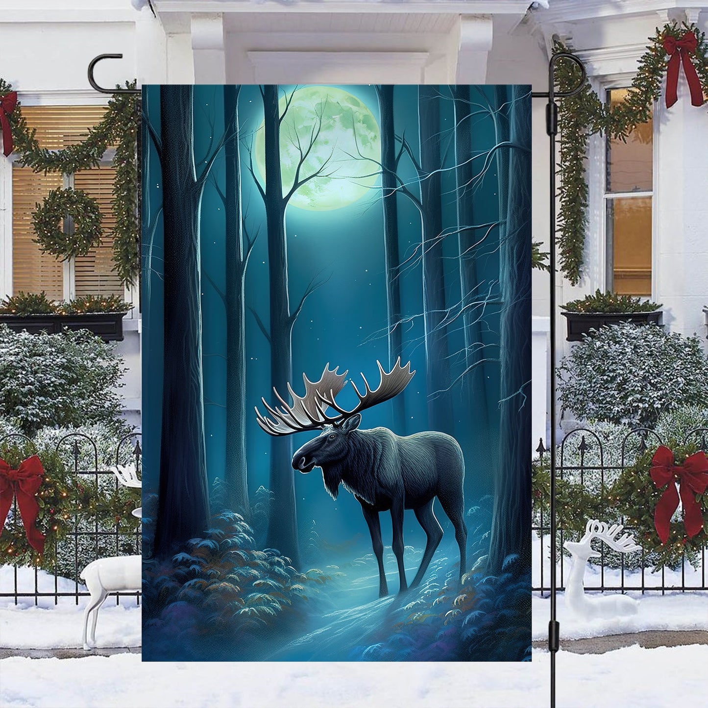 Moose In The Forest, Moose Xmas Garden Flag - House Flag, Christmas Flag Gift For Moose Lovers