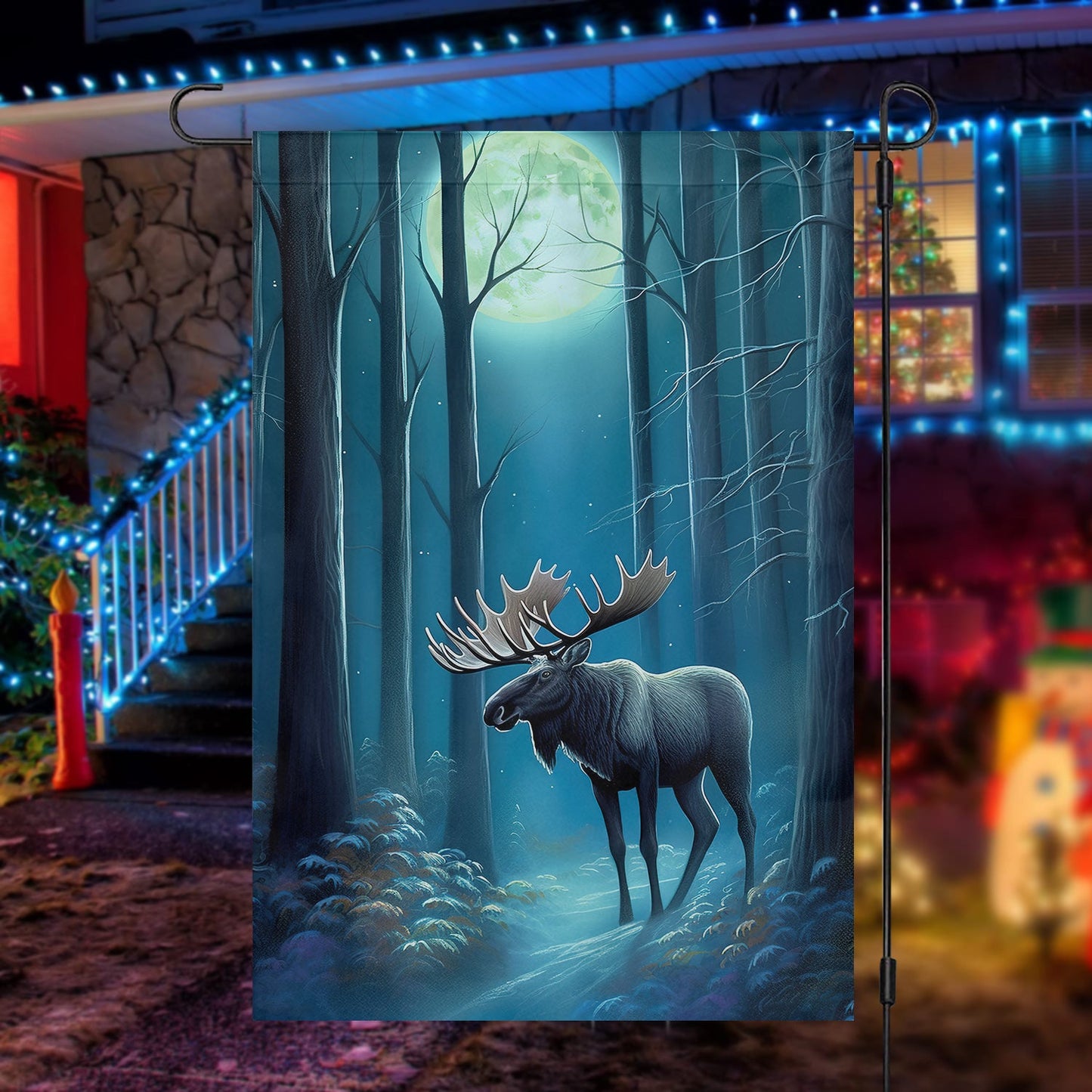 Moose In The Forest, Moose Xmas Garden Flag - House Flag, Christmas Flag Gift For Moose Lovers