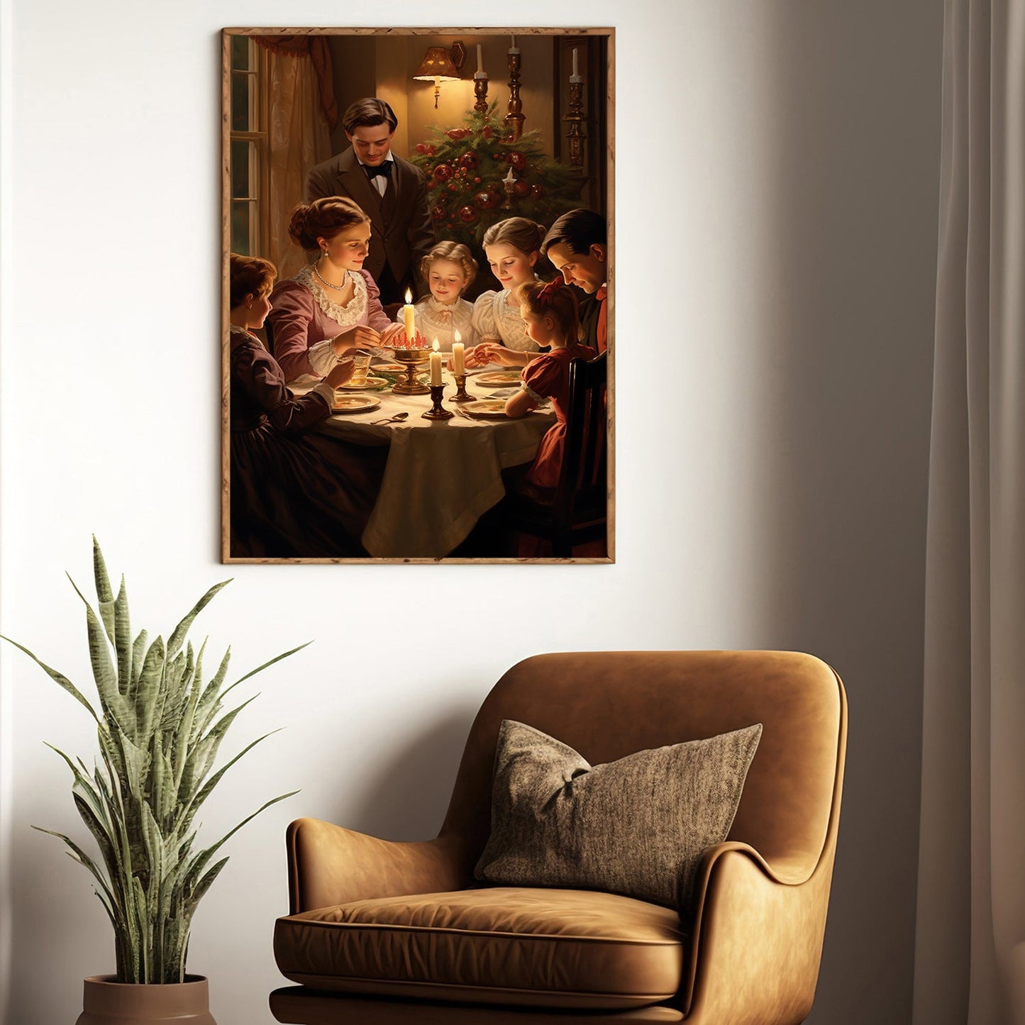 Evening Elegance A Family's Festive Feast, Victorian Christmas Canvas Painting, Xmas Wall Art Decor - Christmas Poster Gift