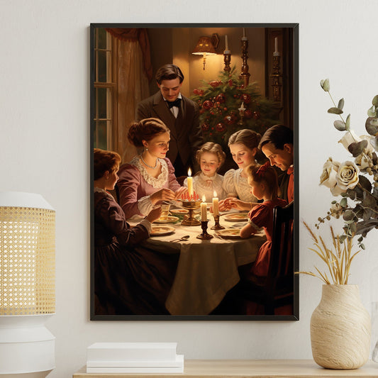 Evening Elegance A Family's Festive Feast, Victorian Christmas Canvas Painting, Xmas Wall Art Decor - Christmas Poster Gift