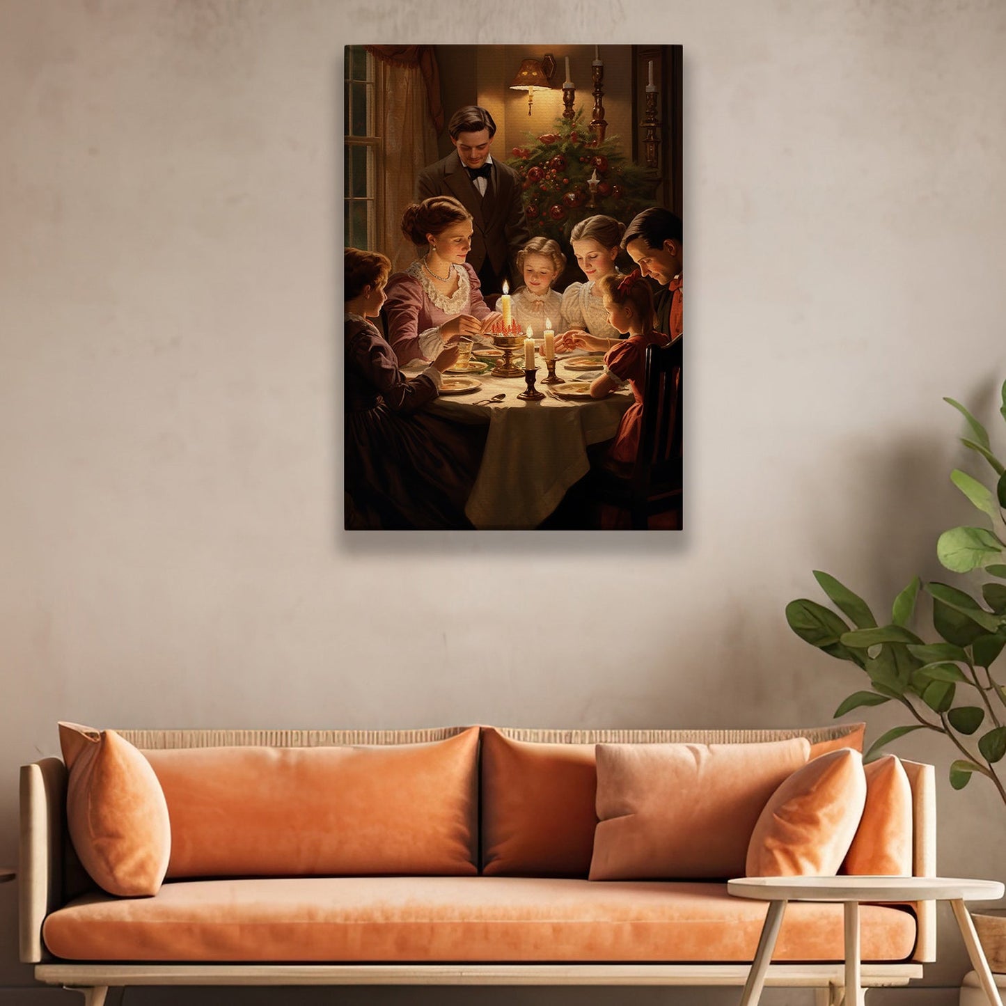 Evening Elegance A Family's Festive Feast, Victorian Christmas Canvas Painting, Xmas Wall Art Decor - Christmas Poster Gift