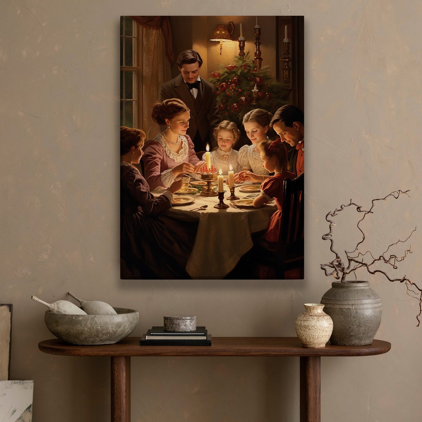 Evening Elegance A Family's Festive Feast, Victorian Christmas Canvas Painting, Xmas Wall Art Decor - Christmas Poster Gift