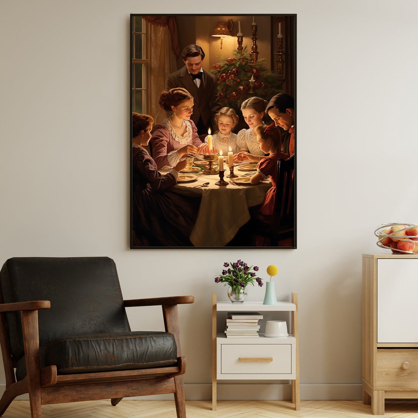 Evening Elegance A Family's Festive Feast, Victorian Christmas Canvas Painting, Xmas Wall Art Decor - Christmas Poster Gift