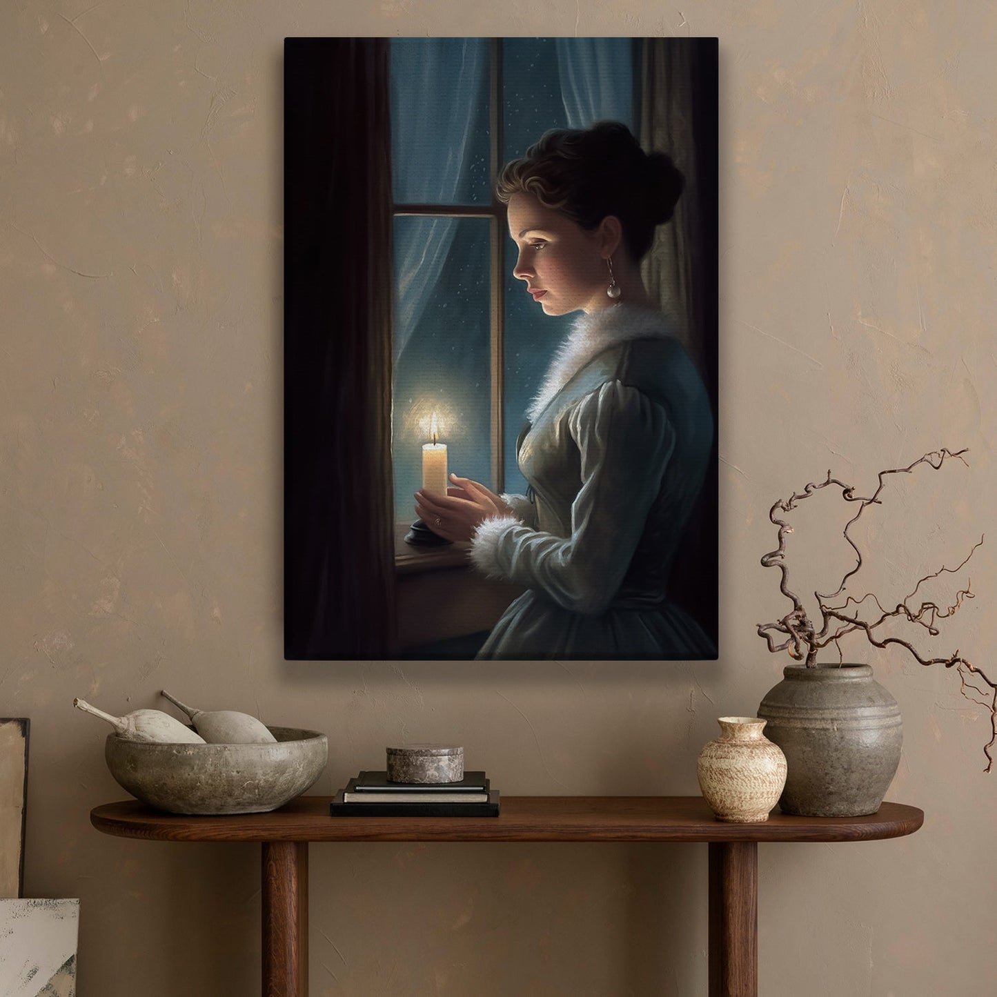 Midnight Reverie A Candlelit Solitude Christmas Canvas Painting, Xmas Wall Art Decor - Christmas Poster Gift
