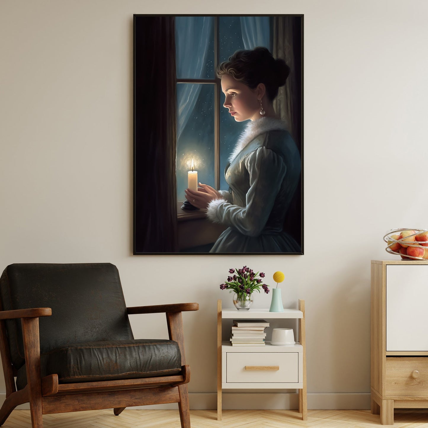 Midnight Reverie A Candlelit Solitude Christmas Canvas Painting, Xmas Wall Art Decor - Christmas Poster Gift