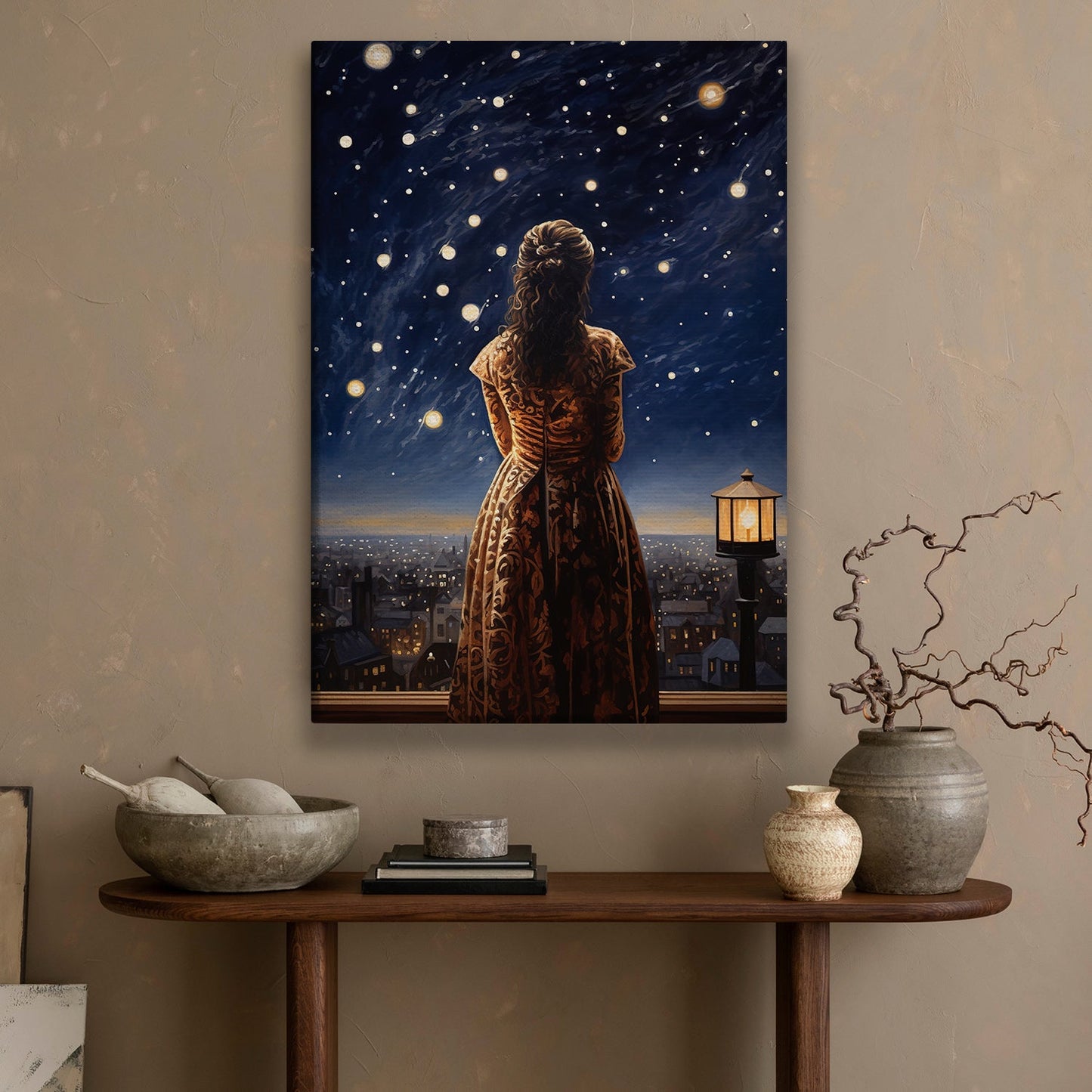 Starlit Reverie A Night Over the City, Victorian Christmas Canvas Painting, Xmas Wall Art Decor - Christmas Poster Gift